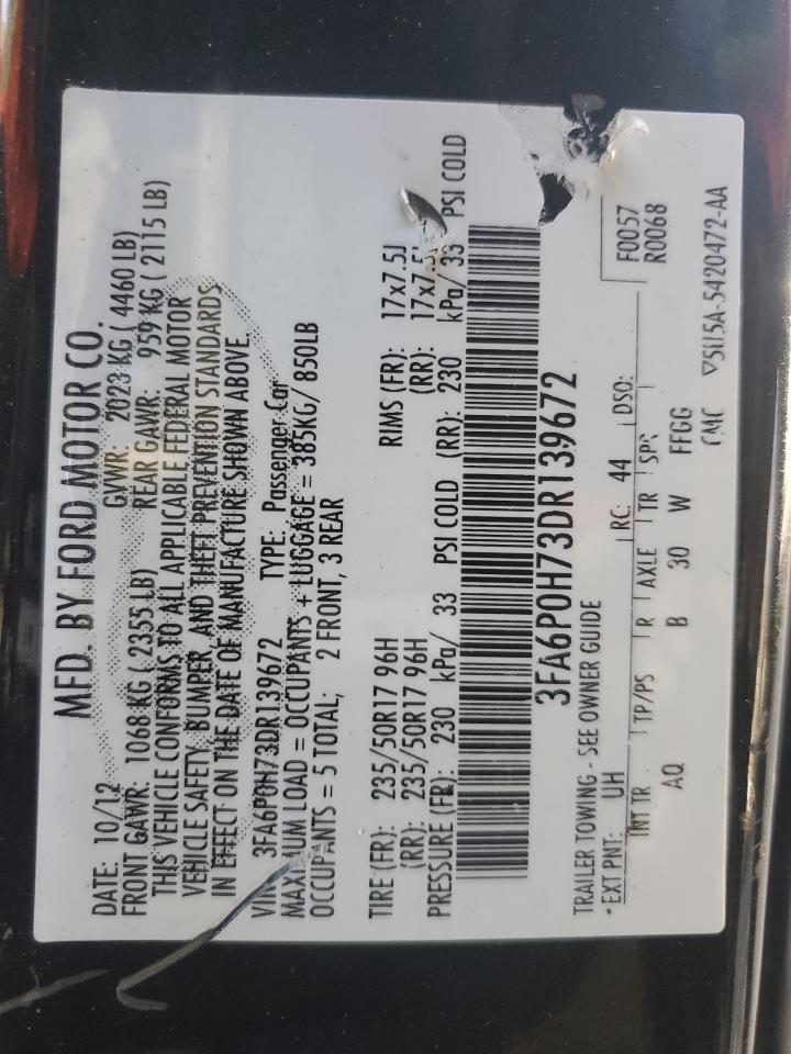 2013 Ford Fusion VIN 3FA6P0H73DR139672 Copart auction photo, front end damage thumbnail 12