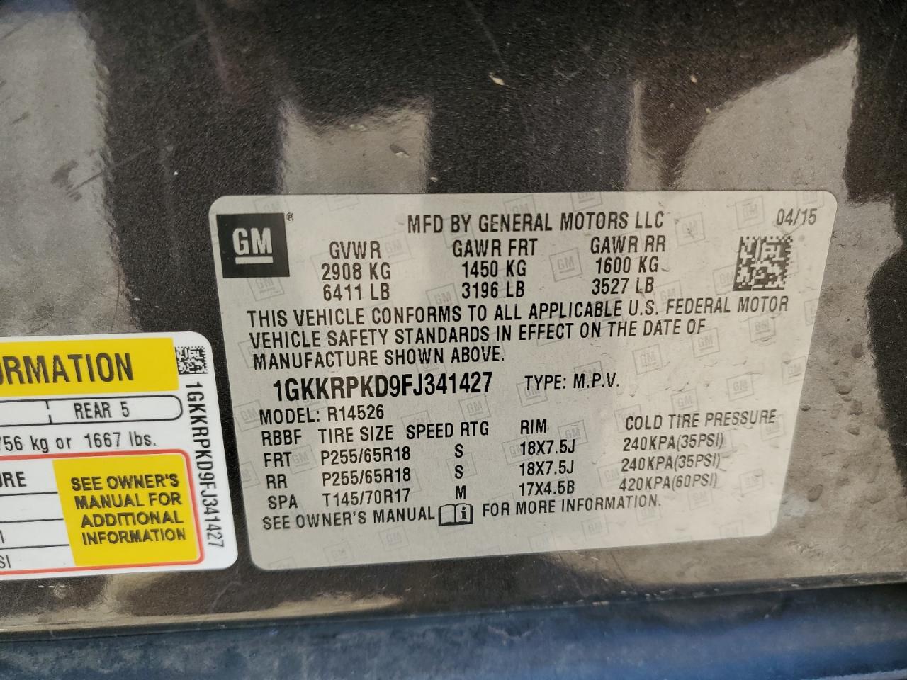 2015 GMC Acadia VIN 1GKKRPKD9FJ341427 Copart auction photo, front end damage thumbnail 14