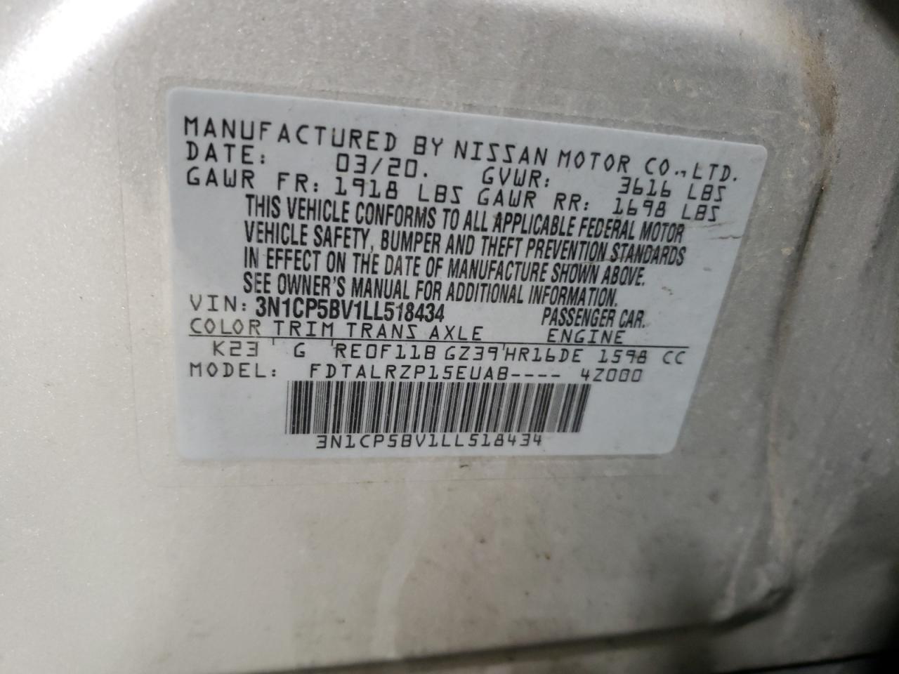 2020 Nissan Kicks VIN 3N1CP5BV1LL518434 Copart auction photo, front end / minor dent/scratches damage thumbnail 15