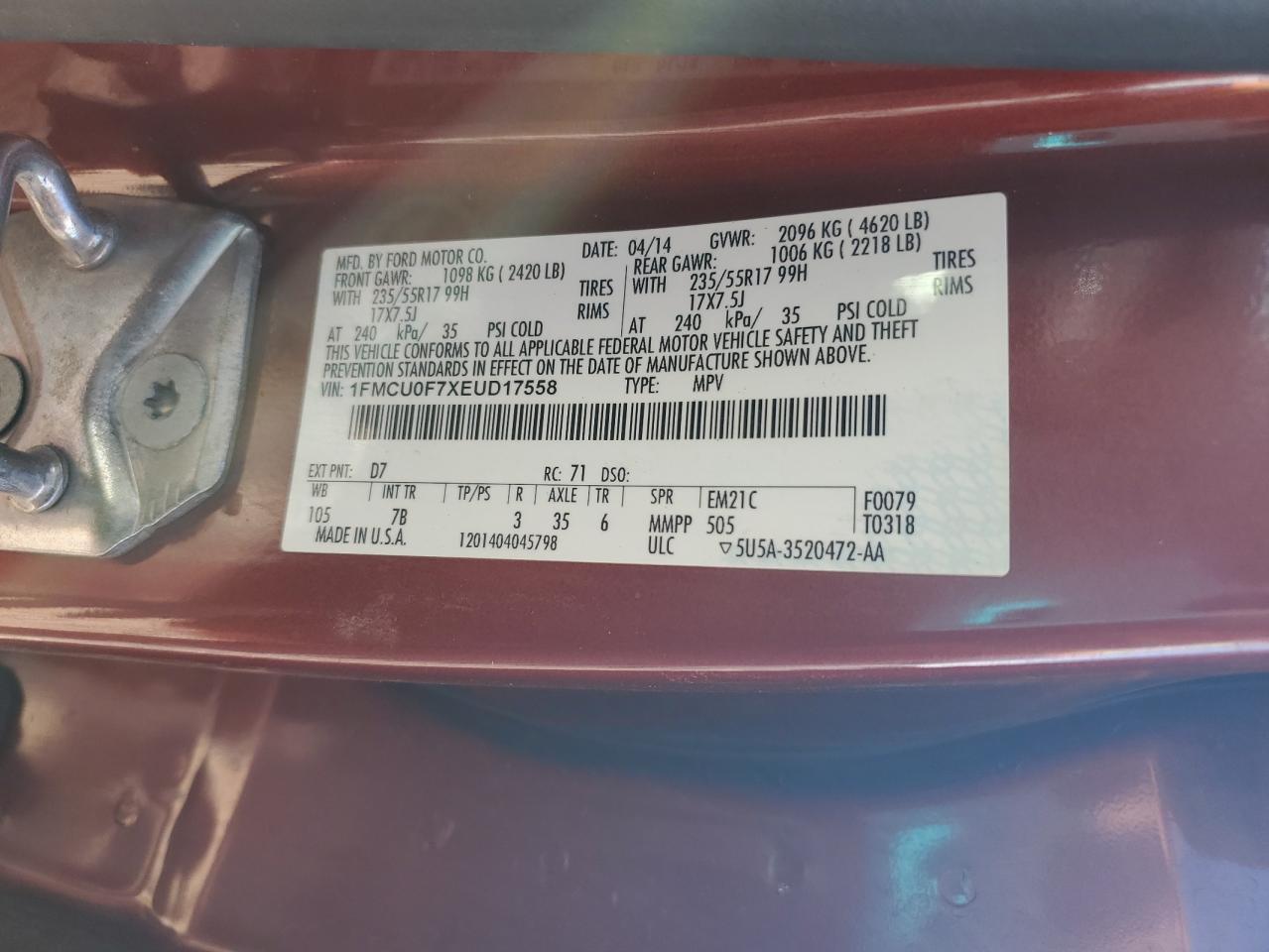 2014 Ford Escape VIN 1FMCU0F7XEUD17558 Copart auction photo, front end / side damage thumbnail 15