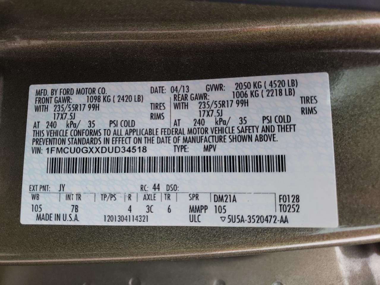 2013 Ford Escape VIN 1FMCU0GXXDUD34518 Copart auction photo, rear end / minor dent/scratches damage thumbnail 13