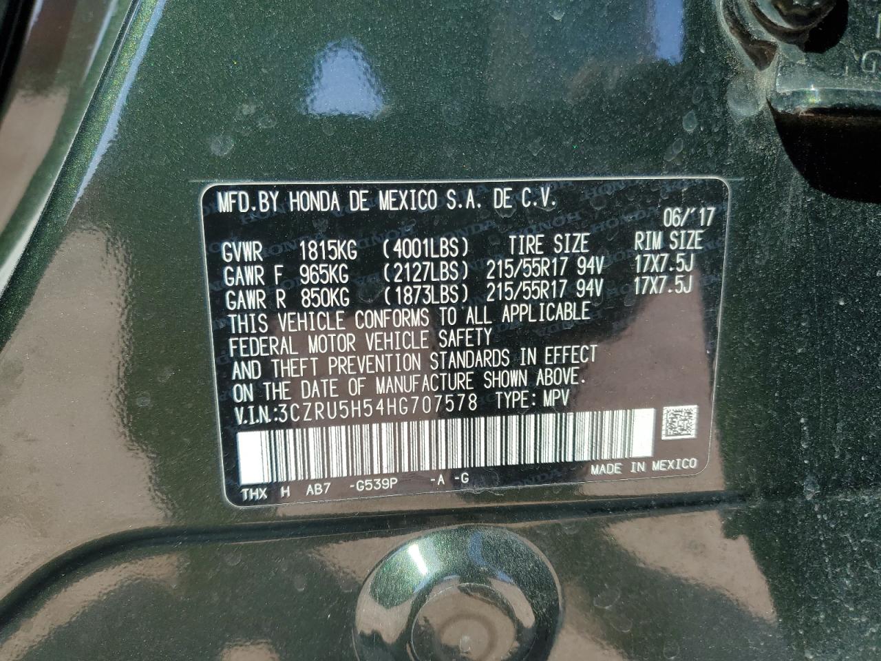 2017 Honda HR-V VIN 3CZRU5H54HG707578 Copart auction photo, front end / rear end damage thumbnail 14