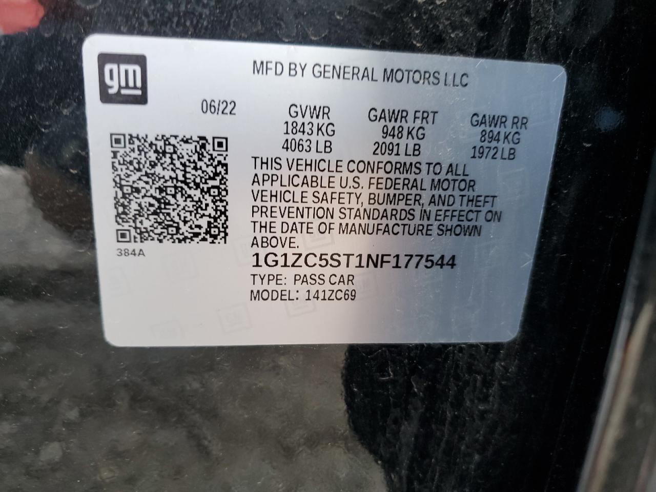 2022 Chevrolet Malibu VIN 1G1ZC5ST1NF177544 Copart auction photo, rear end damage thumbnail 12