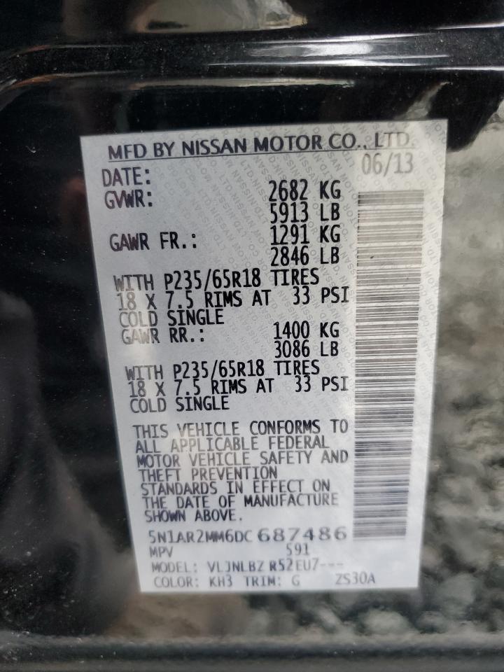 2013 Nissan Pathfinder VIN 5N1AR2MM6DC687486 Copart auction photo, front end / side damage thumbnail 13