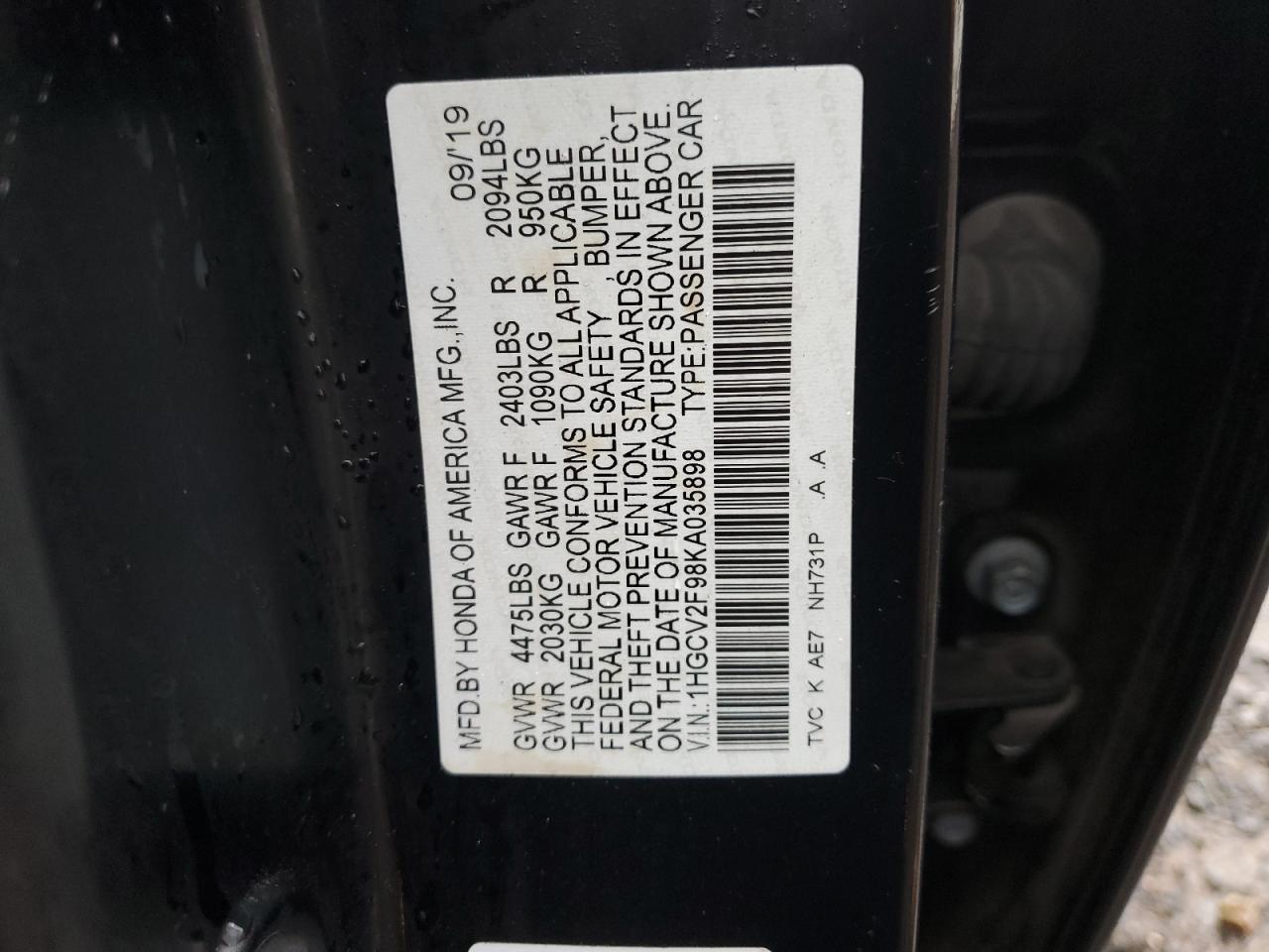 2019 Honda Accord VIN 1HGCV2F98KA035898 Copart auction photo, stripped damage thumbnail 12