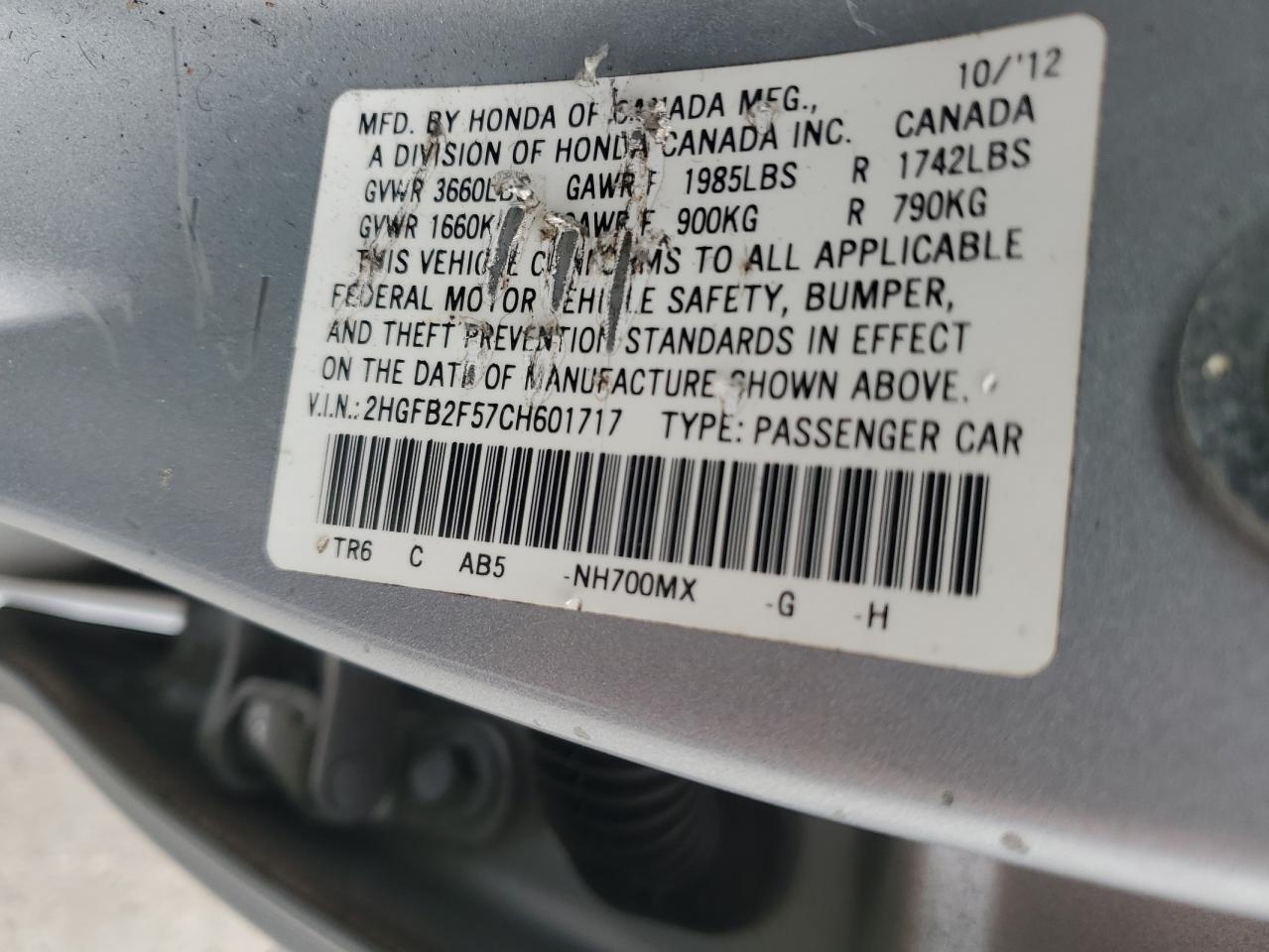 2012 Honda Civic VIN 2HGFB2F57CH601717 Copart auction photo, undercarriage / mechanical damage thumbnail 13