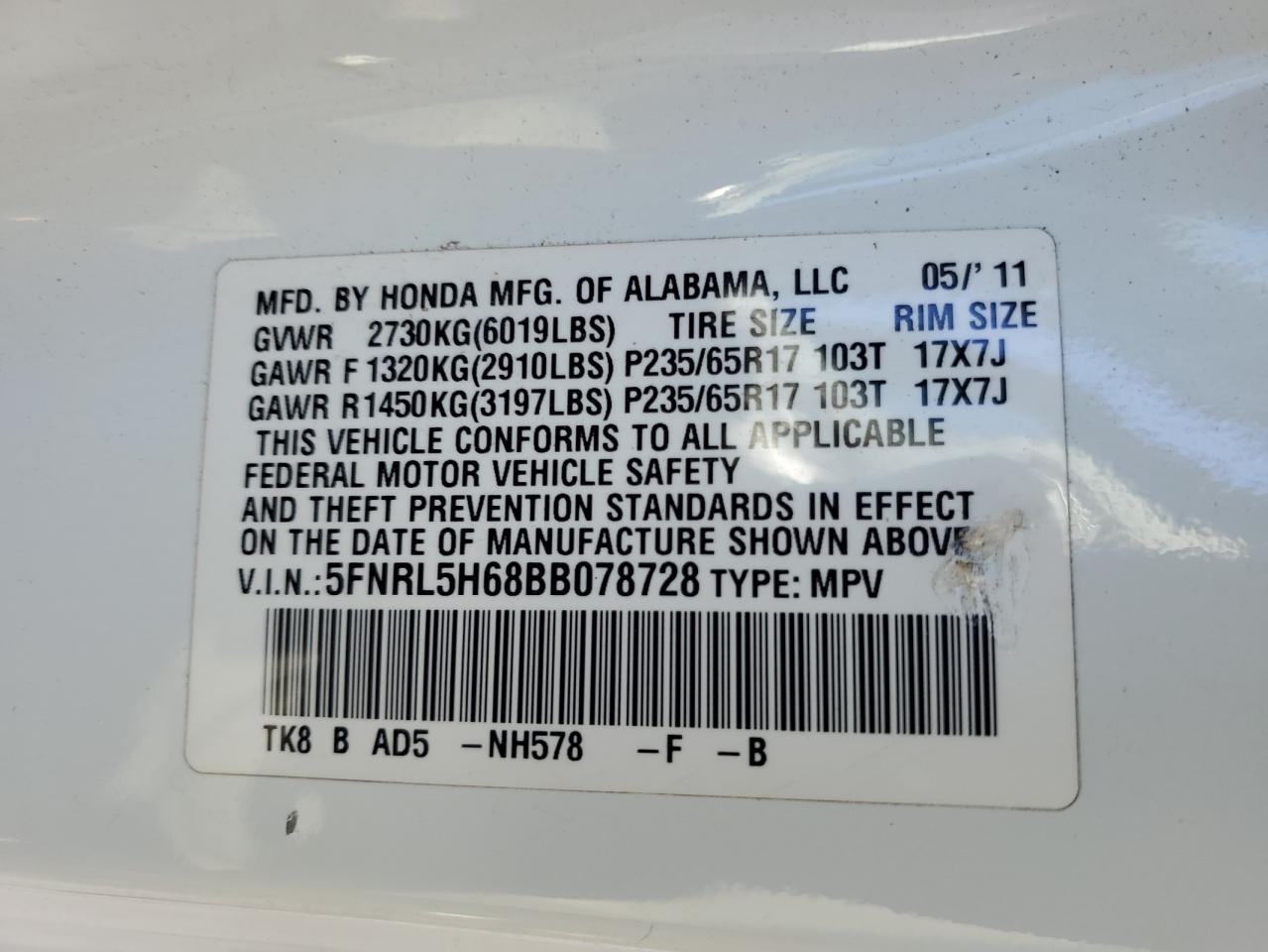2011 Honda Odyssey VIN 5FNRL5H68BB078728 Copart auction photo, front end / minor dent/scratches damage thumbnail 15