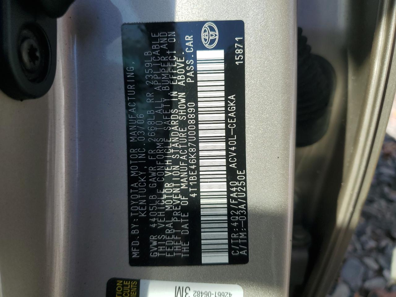 2007 Toyota Camry VIN 4T1BE46K87U008890 Copart auction photo, mechanical / front end damage thumbnail 12