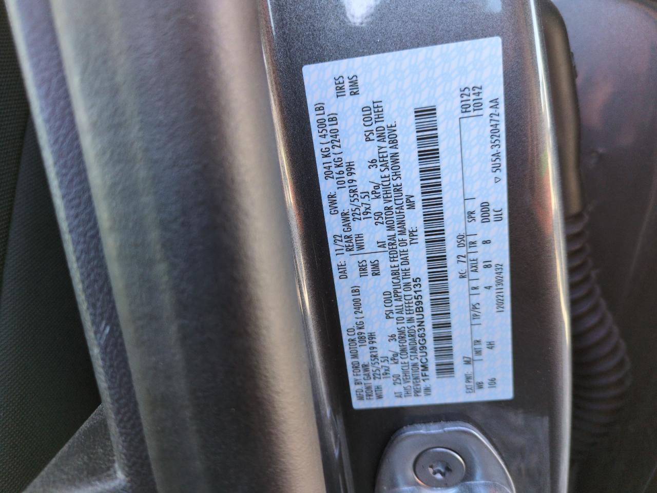 2022 Ford Escape VIN 1FMCU9G63NUB95135 Copart auction photo, front end damage thumbnail 13
