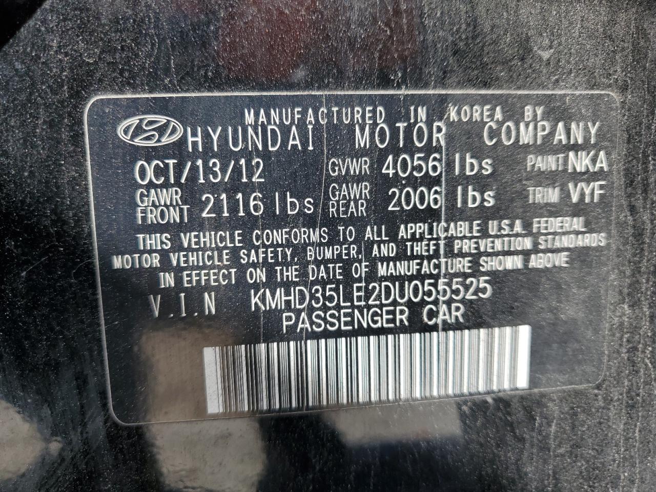 2013 Hyundai Elantra VIN KMHD35LE2DU055525 Copart auction photo, front end / minor dent/scratches damage thumbnail 12