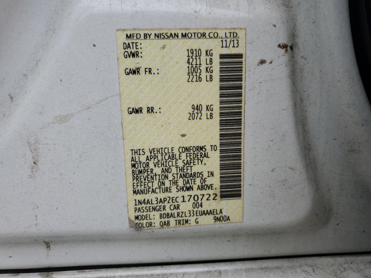 2014 Nissan Altima VIN 1N4AL3AP2EC170722 Copart auction photo, front end damage thumbnail 14
