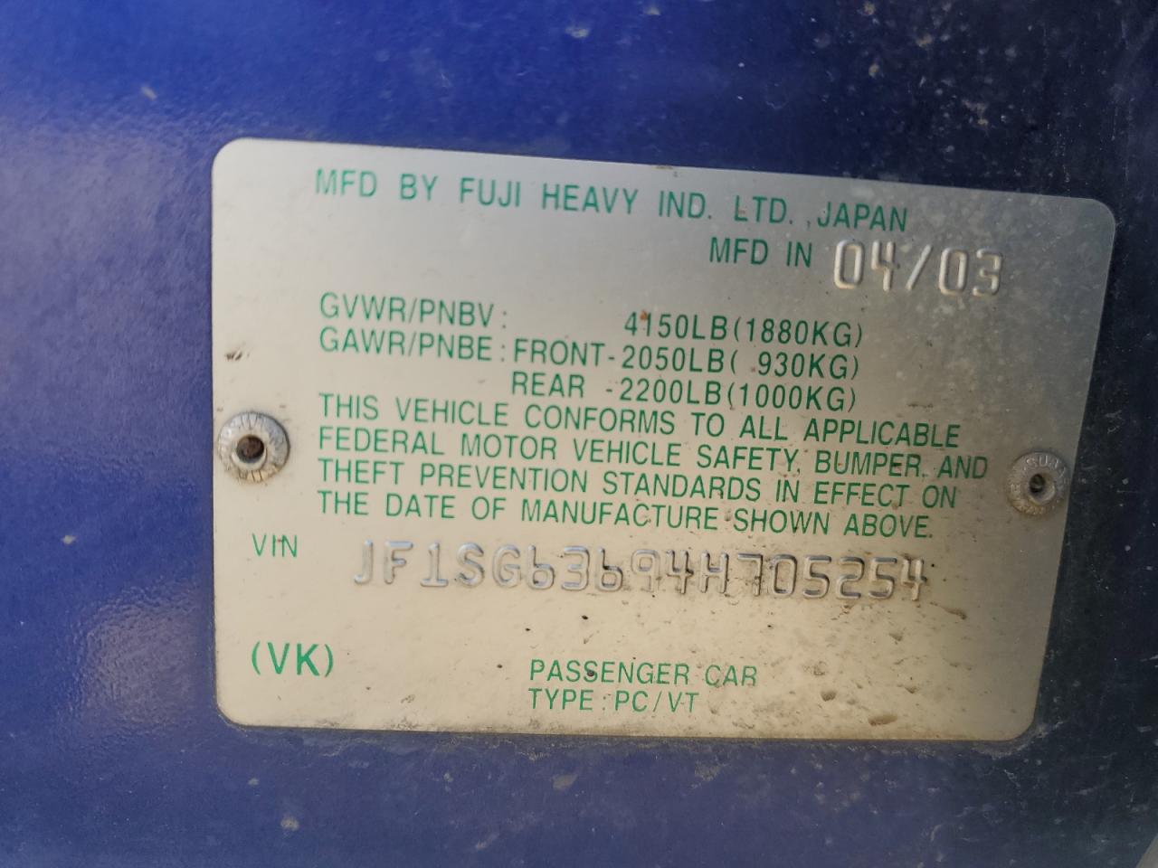 2004 Subaru Forester VIN JF1SG63694H705254 Copart auction photo, all over / hail damage thumbnail 12