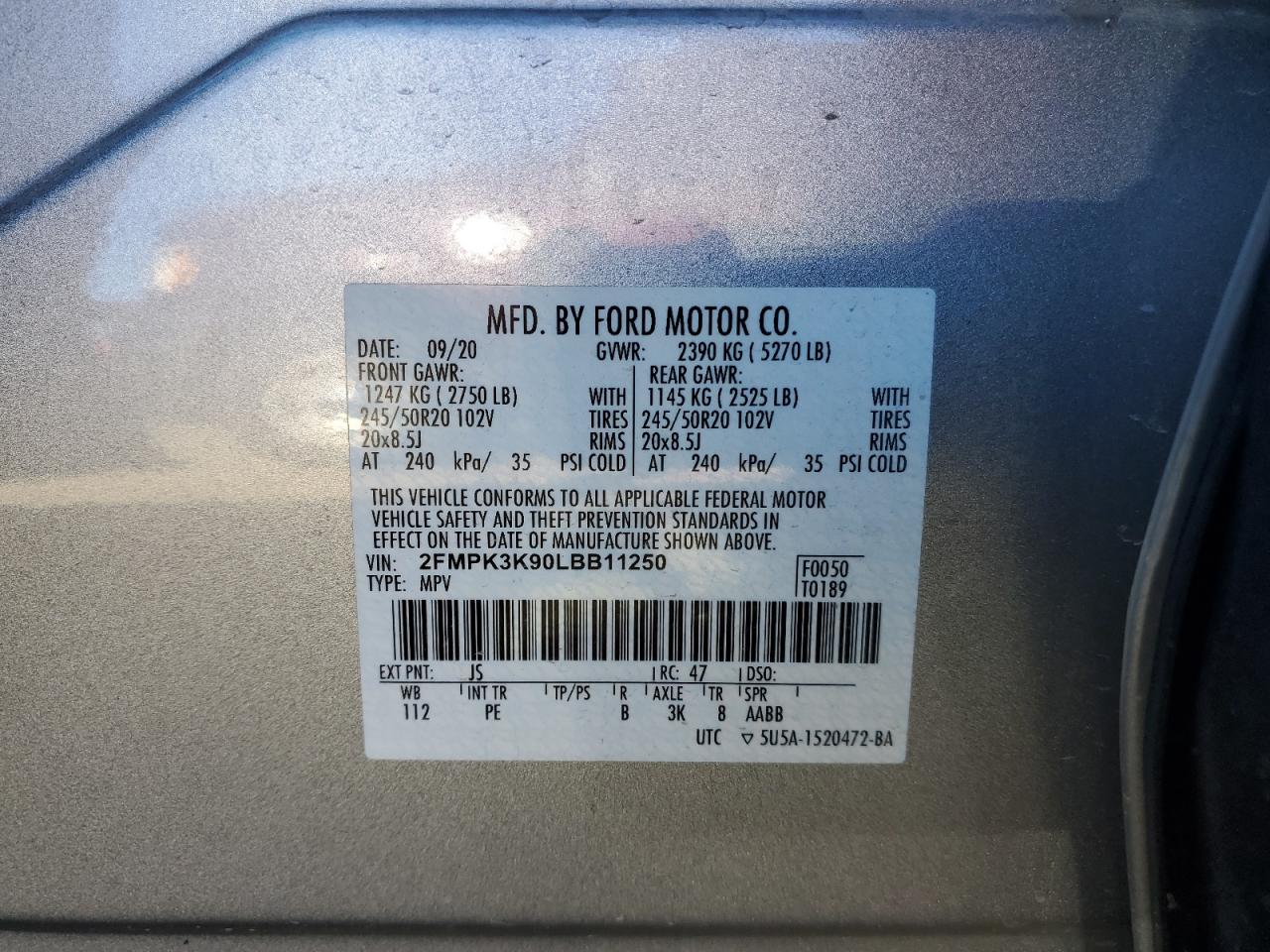 2020 Ford Edge VIN 2FMPK3K90LBB11250 Copart auction photo, front end damage thumbnail 12