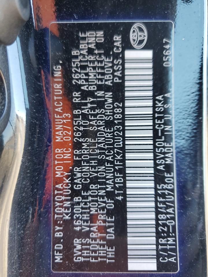 2013 Toyota Camry VIN 4T1BF1FK7DU231882 Copart auction photo, rear end damage thumbnail 13