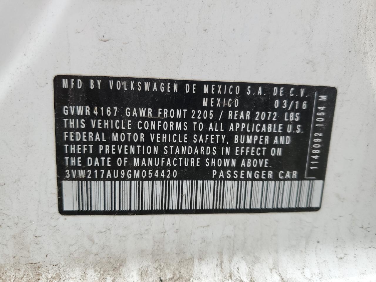 2016 Volkswagen Golf VIN 3VW217AU9GM054420 Copart auction photo, front end damage thumbnail 14
