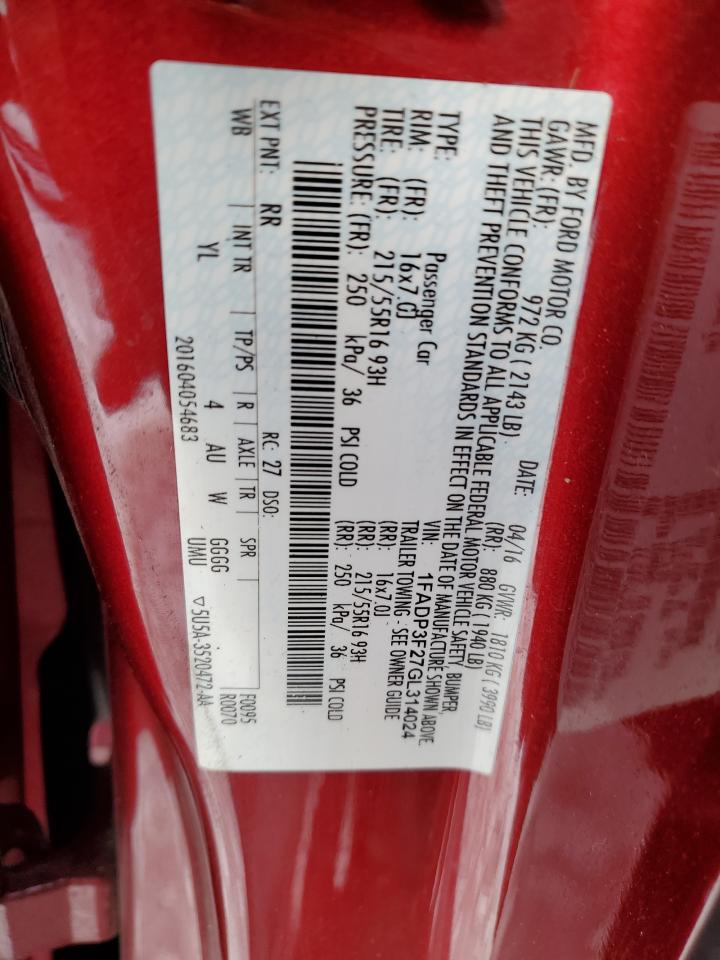 2016 Ford Focus VIN 1FADP3F27GL314024 Copart auction photo, front end damage thumbnail 12