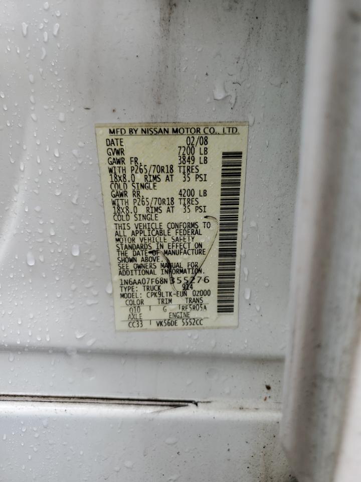2008 Nissan Titan VIN 1N6AA07F68N355276 Copart auction photo, front end damage thumbnail 12