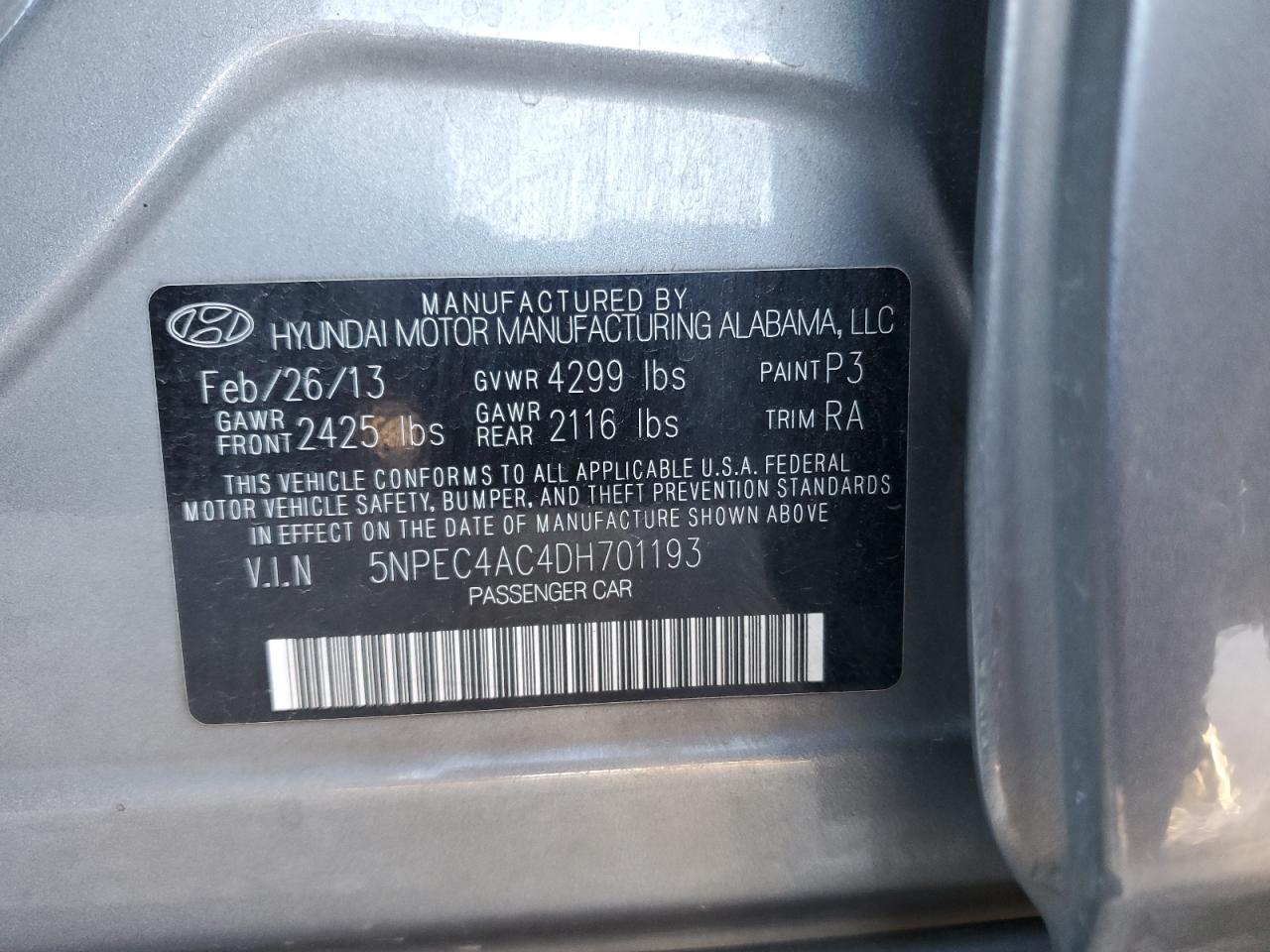 2013 Hyundai Sonata VIN 5NPEC4AC4DH701193 Copart auction photo, front end damage thumbnail 14