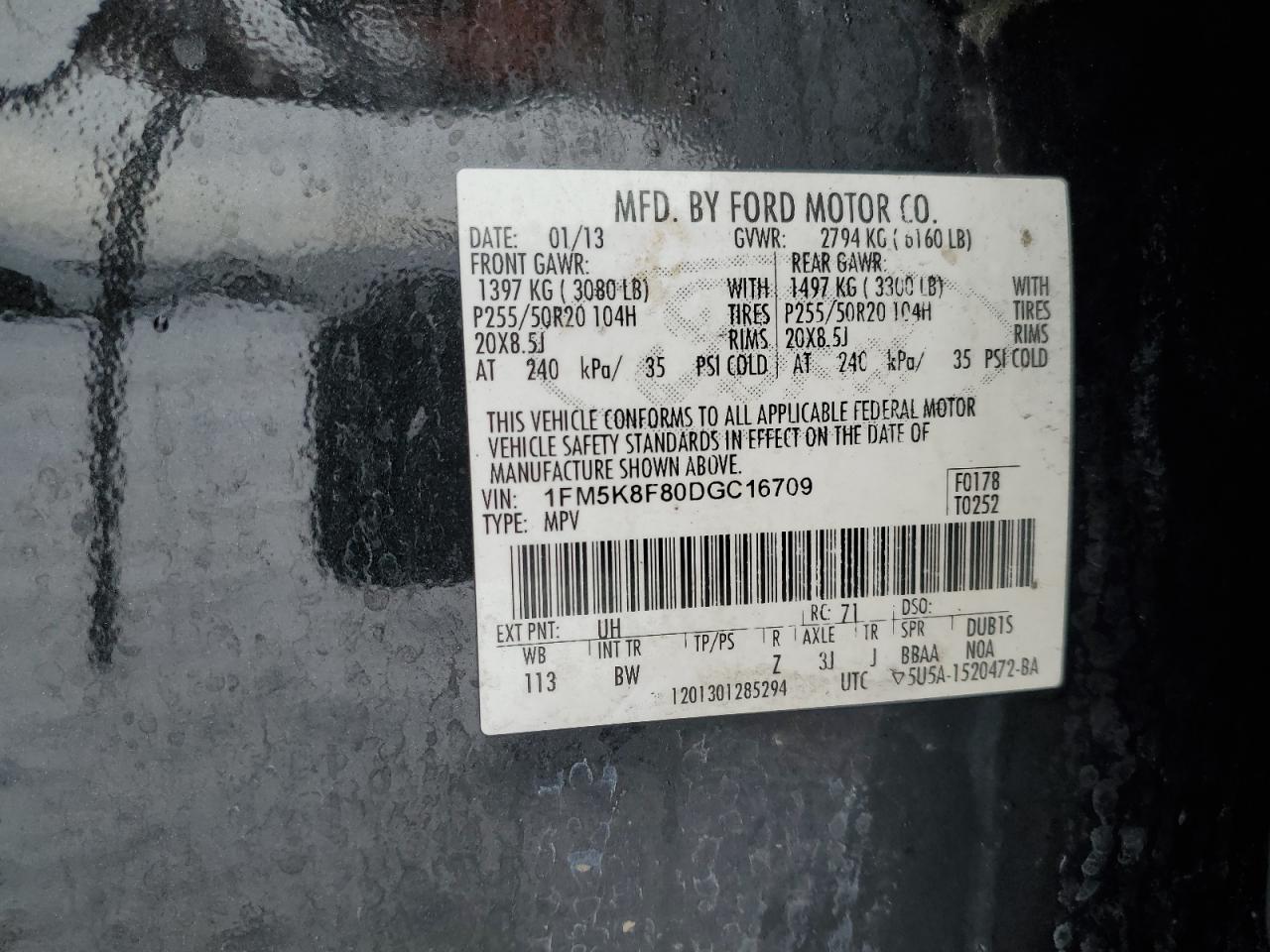 2013 Ford Explorer VIN 1FM5K8F80DGC16709 Copart auction photo, front end / minor dent/scratches damage thumbnail 13