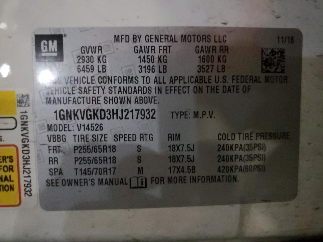2017 Chevrolet Traverse VIN 1GNKVGKD3HJ217932 Copart auction photo, front end / minor dent/scratches damage thumbnail 13