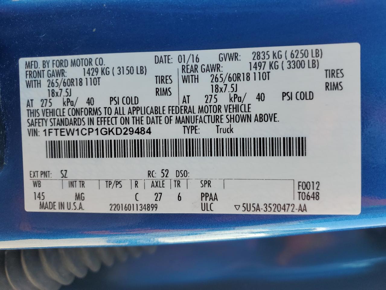2016 Ford F-150 VIN 1FTEW1CP1GKD29484 Copart auction photo, all over / top/roof damage thumbnail 12