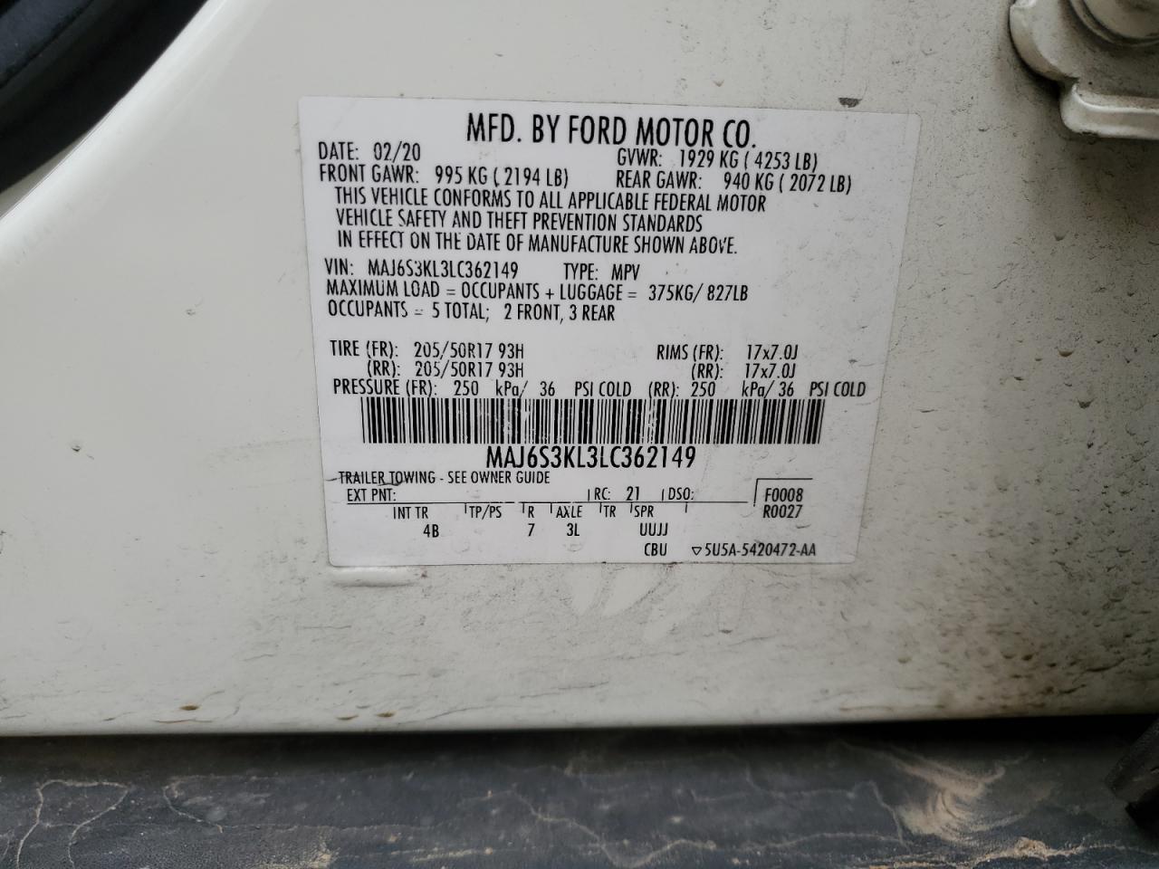 2020 Ford EcoSport VIN MAJ6S3KL3LC362149 Copart auction photo, rear end damage thumbnail 13