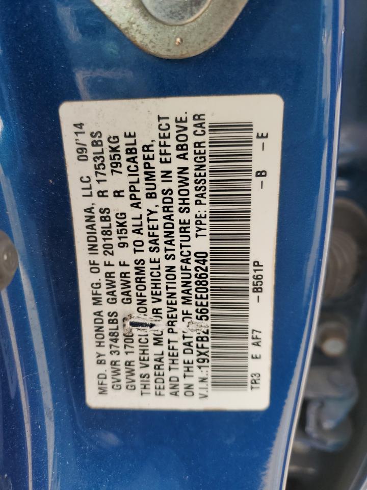 2014 Honda Civic VIN 19XFB2F56EE086240 Copart auction photo, side / minor dent/scratches damage thumbnail 12
