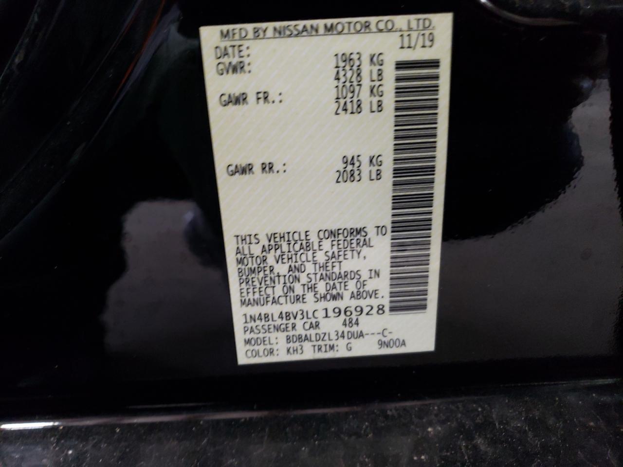 2020 Nissan Altima VIN 1N4BL4BV3LC196928 Copart auction photo, front end damage thumbnail 12