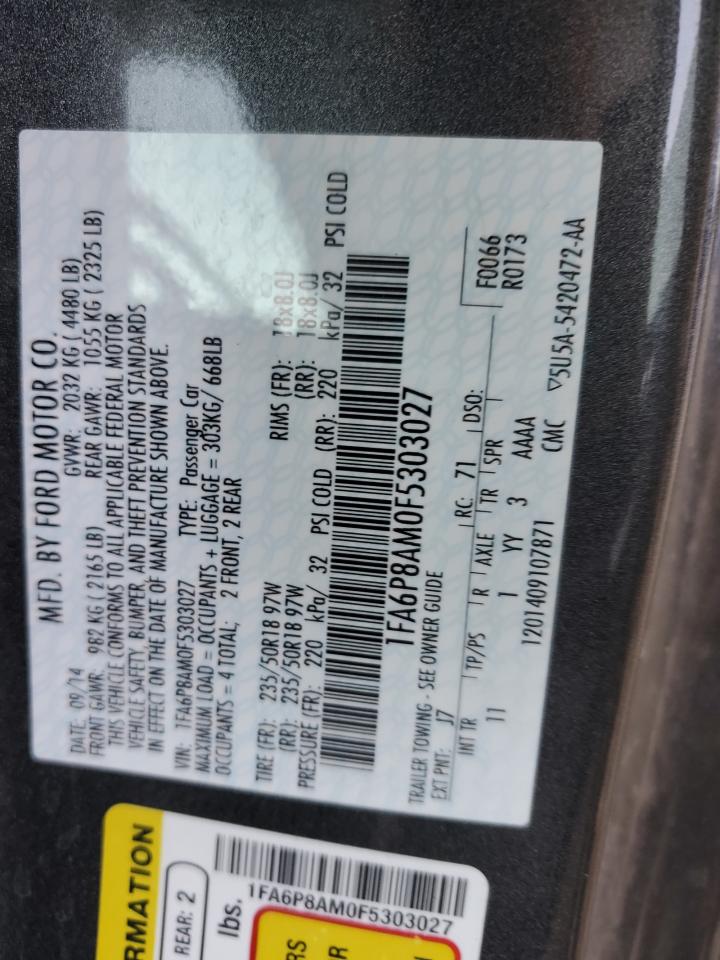 2015 Ford Mustang VIN 1FA6P8AM0F5303027 Copart auction photo, front end damage thumbnail 12