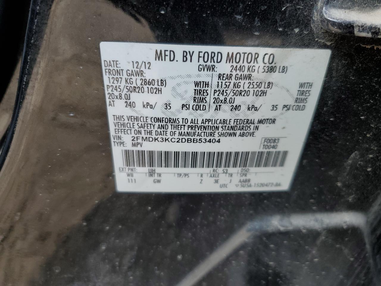 2013 Ford Edge VIN 2FMDK3KC2DBB53404 Copart auction photo, front end / minor dent/scratches damage thumbnail 13