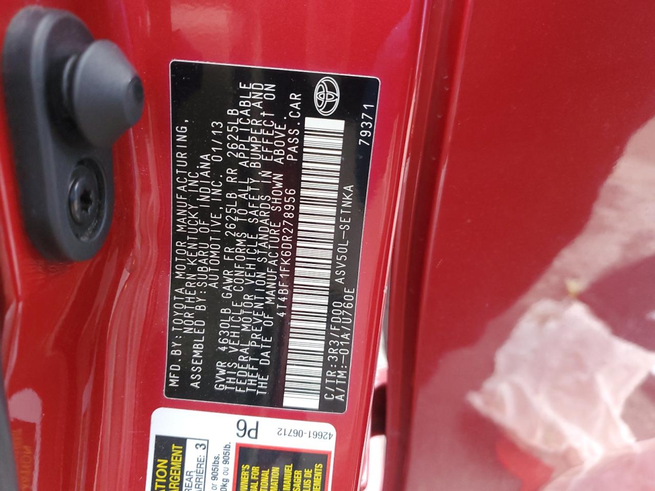 2013 Toyota Camry VIN 4T4BF1FK6DR278956 Copart auction photo, front end / rear end damage thumbnail 14