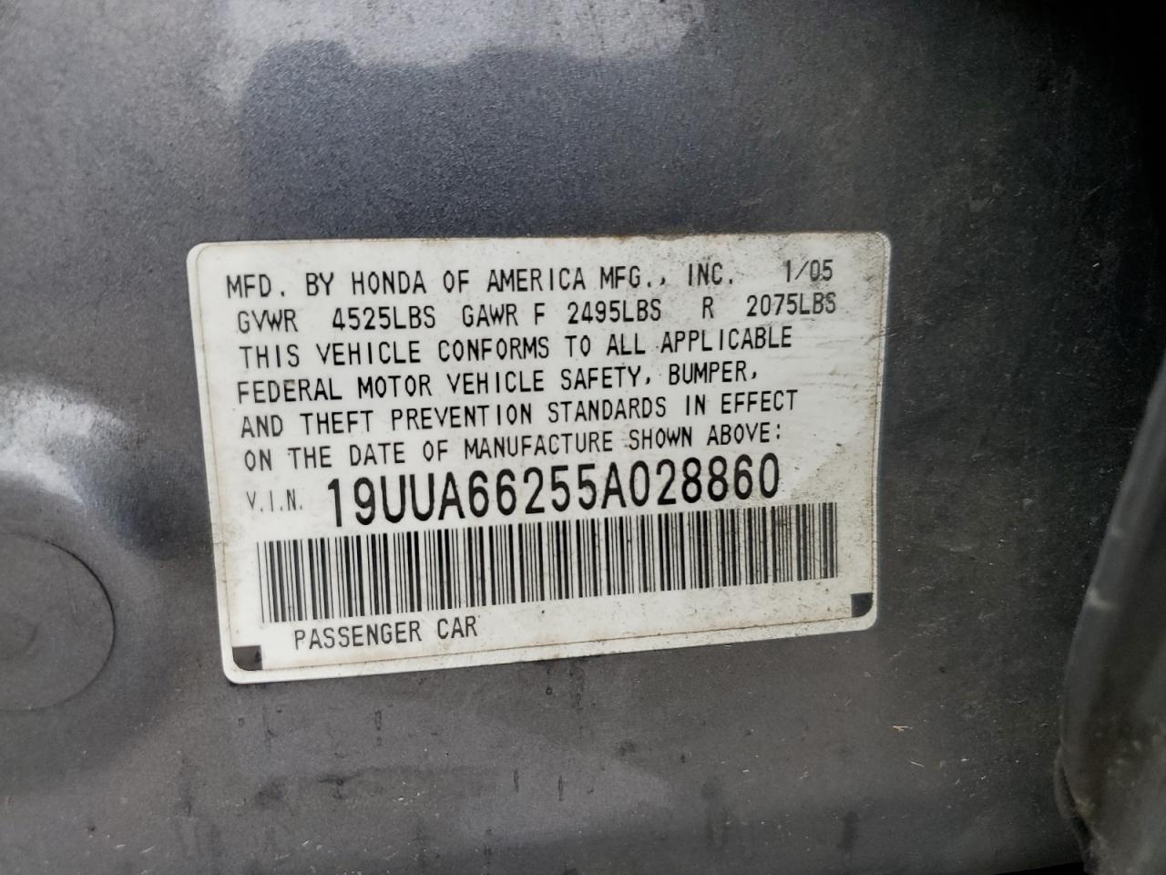 2005 Acura TL VIN 19UUA66255A028860 Copart auction photo, side / rear end damage thumbnail 12