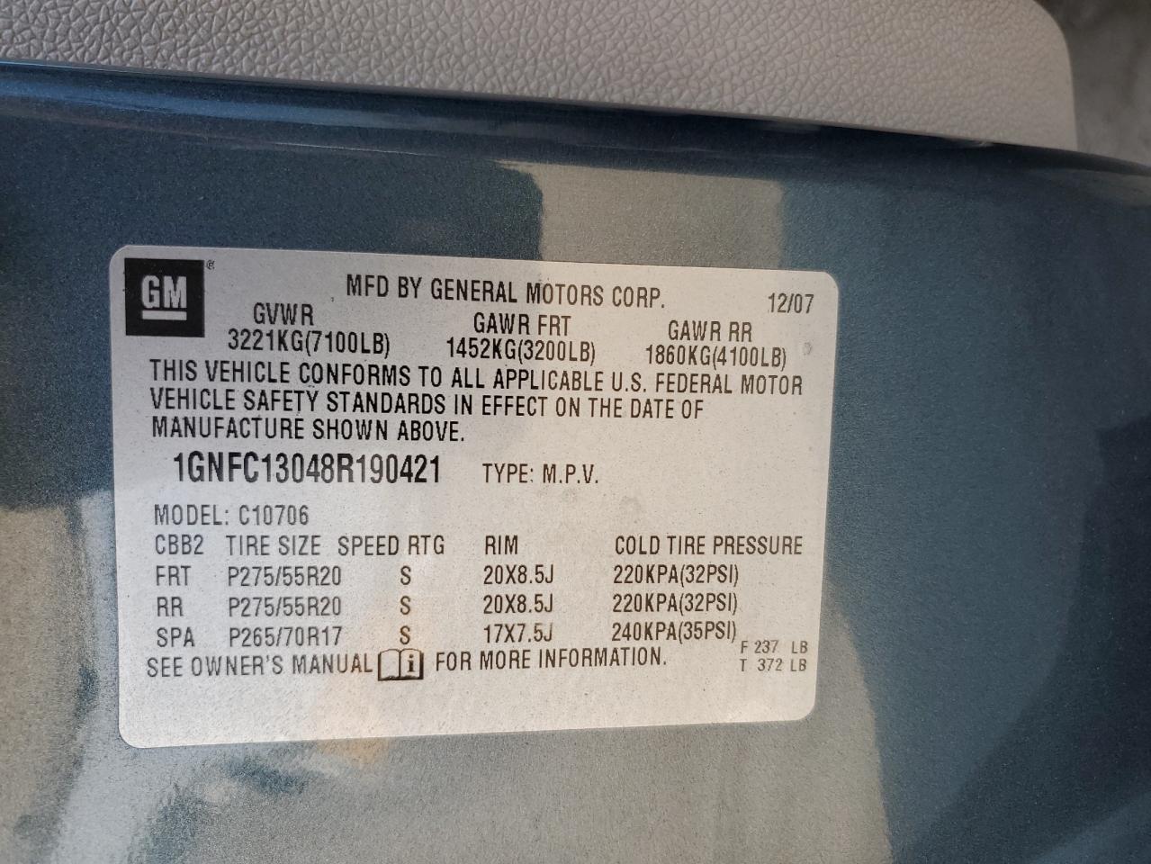 2008 Chevrolet Tahoe VIN 1GNFC13048R190421 Copart auction photo, rear end damage thumbnail 13