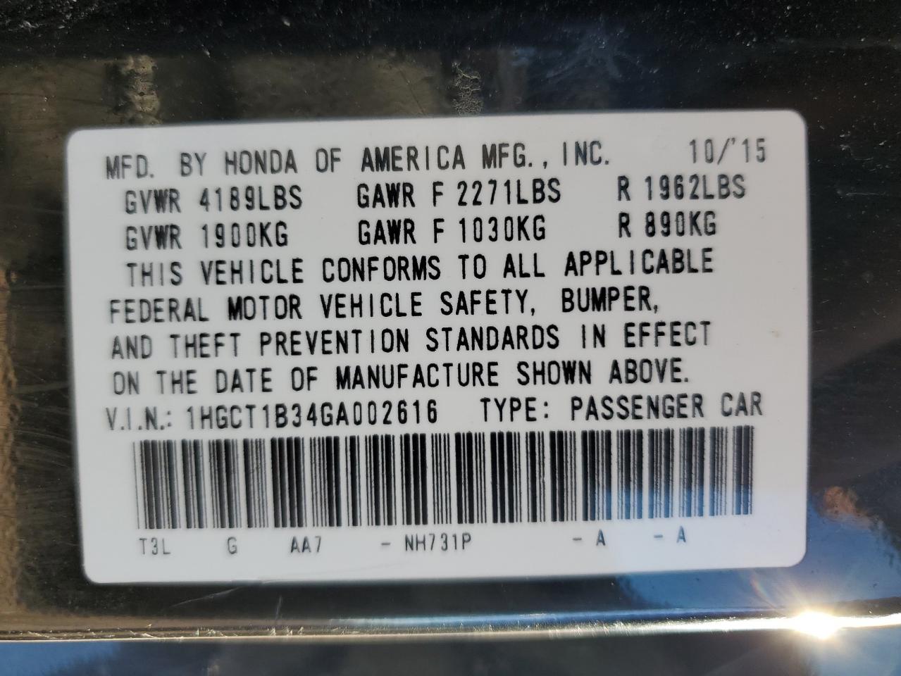 2016 Honda Accord VIN 1HGCT1B34GA002616 Copart auction photo, front end damage thumbnail 13