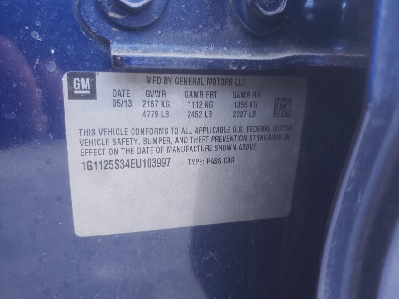 2014 Chevrolet Impala VIN 1G1125S34EU103997 Copart auction photo, front end / rear end damage thumbnail 13