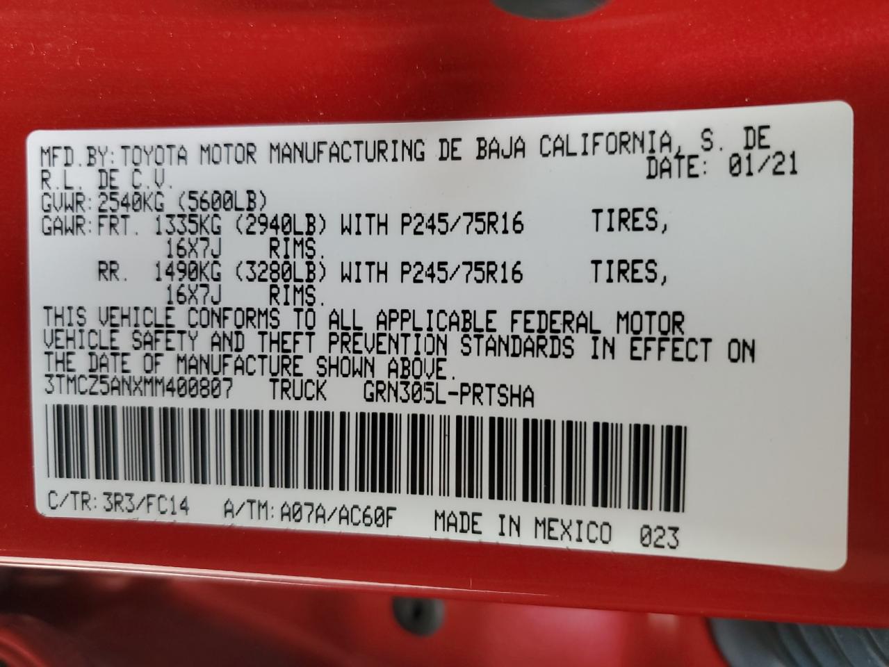 2021 Toyota Tacoma VIN 3TMCZ5ANXMM400807 Copart auction photo, front end / undercarriage damage thumbnail 12