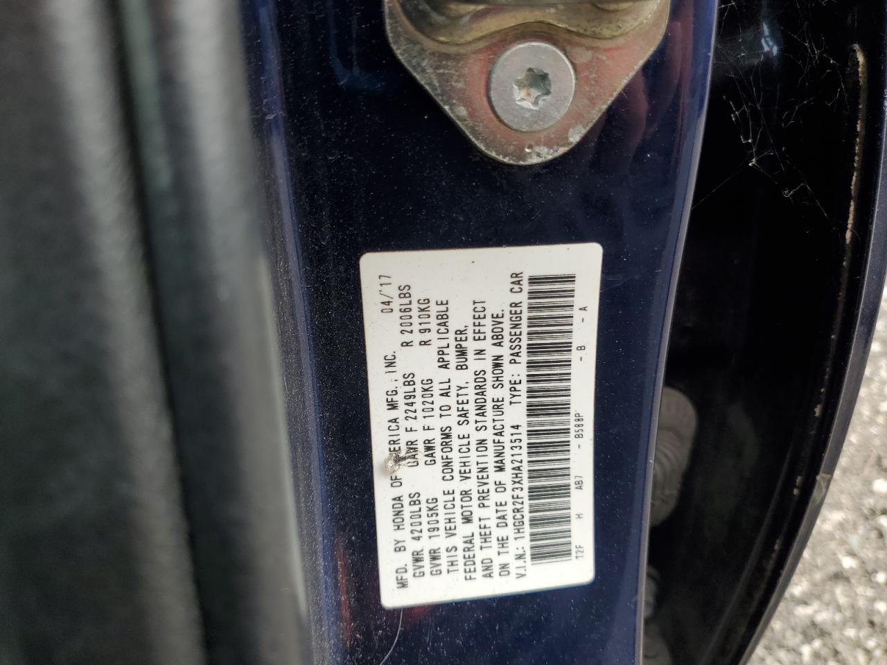 2017 Honda Accord VIN 1HGCR2F3XHA213514 Copart auction photo, front end / side damage thumbnail 12