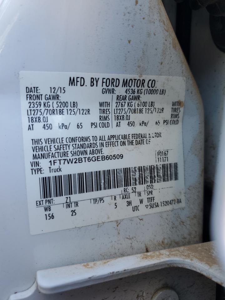 2016 Ford F250 VIN 1FT7W2BT6GEB60509 Copart auction photo, front end / rear end damage thumbnail 12