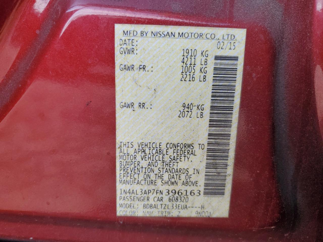 2015 Nissan Altima VIN 1N4AL3AP7FN396163 Copart auction photo, side damage thumbnail 12