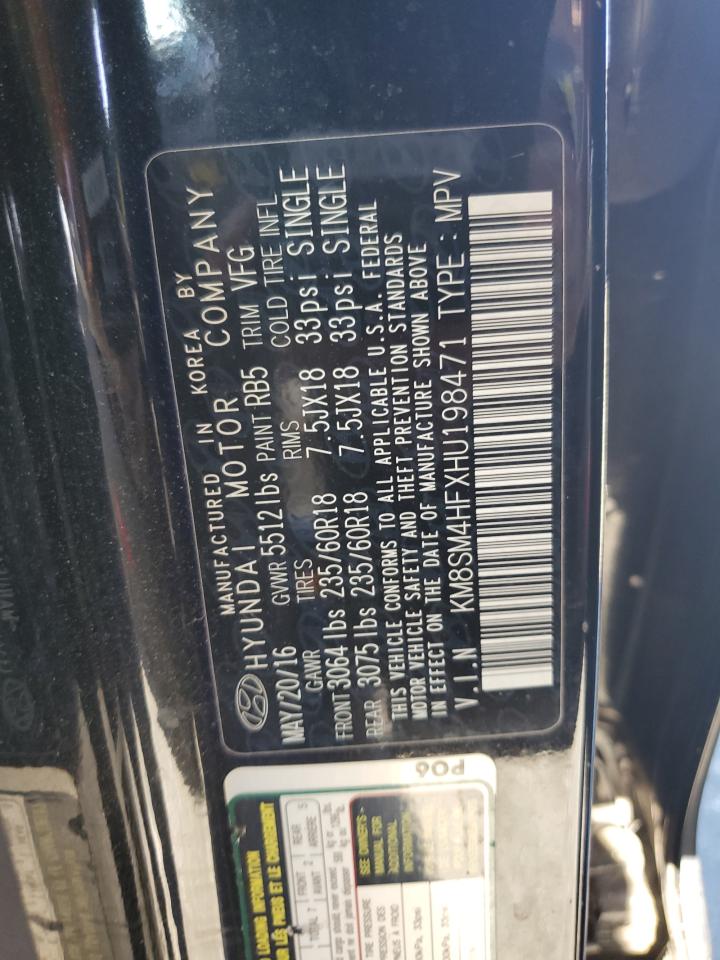 2017 Hyundai Santa Fe VIN KM8SM4HFXHU198471 Copart auction photo, top/roof damage thumbnail 14