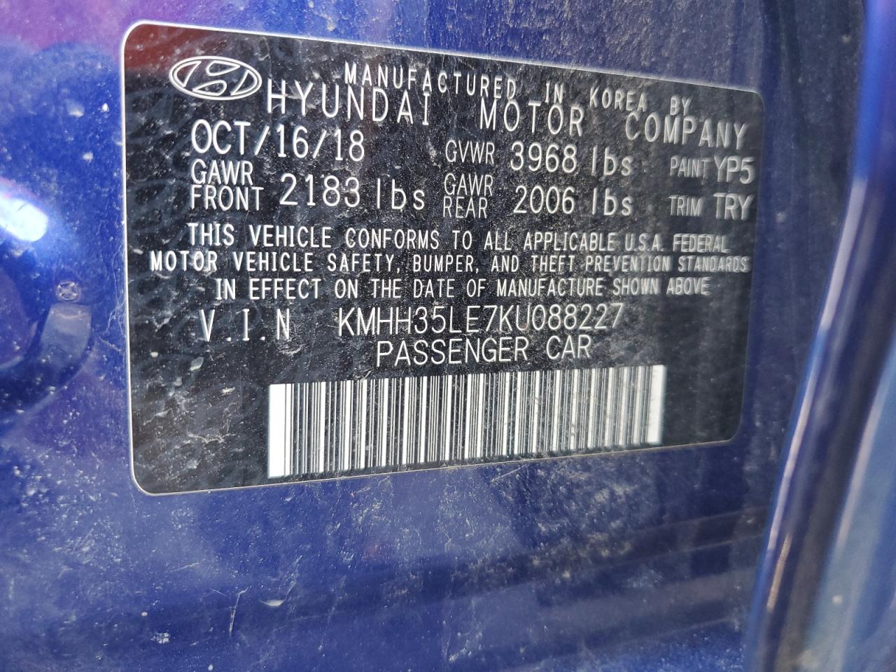 2019 Hyundai Elantra VIN KMHH35LE7KU088227 Copart auction photo, rear end / front end damage thumbnail 12