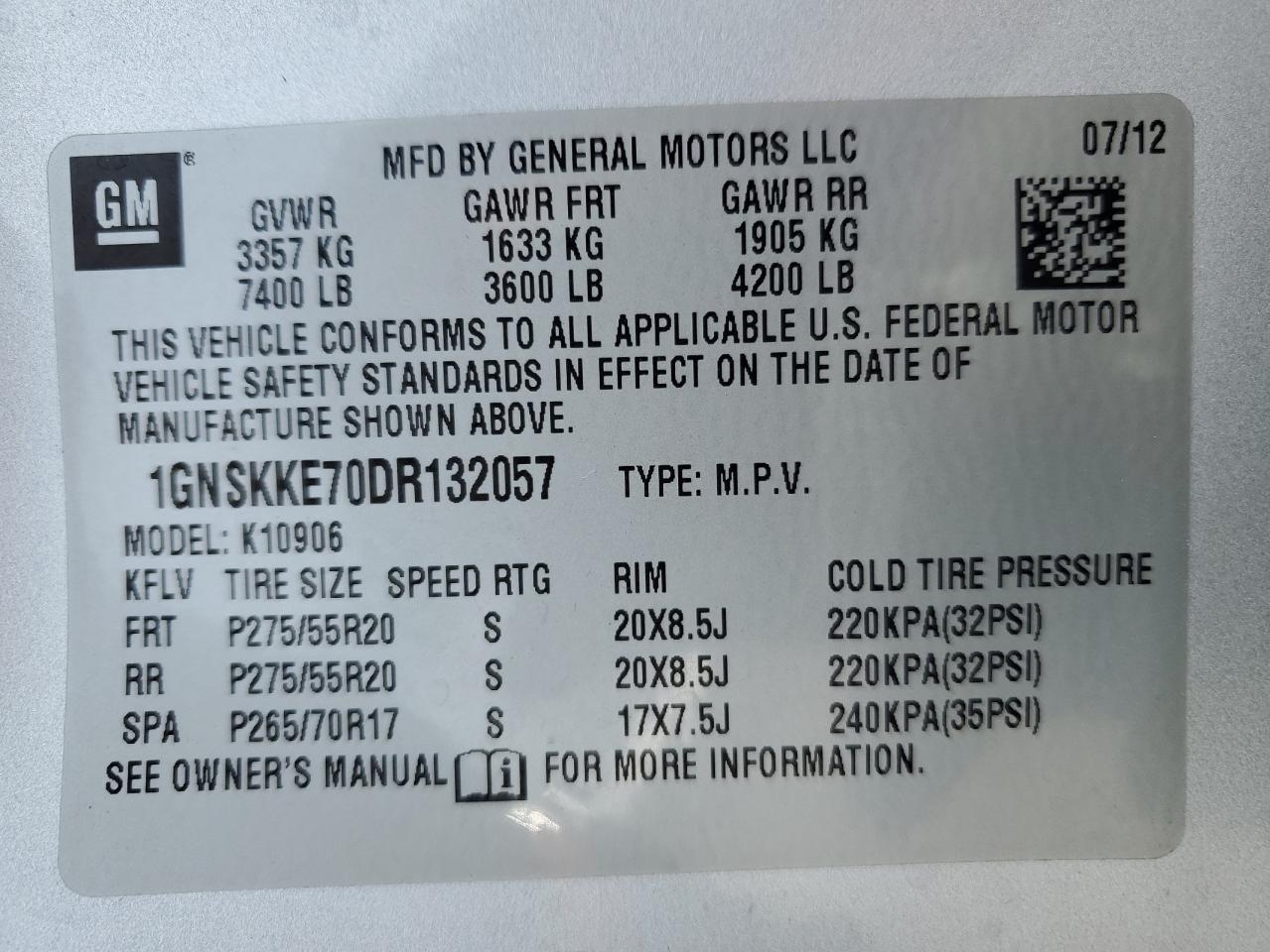 2013 Chevrolet Suburban VIN 1GNSKKE70DR132057 Copart auction photo, front end / side damage thumbnail 13