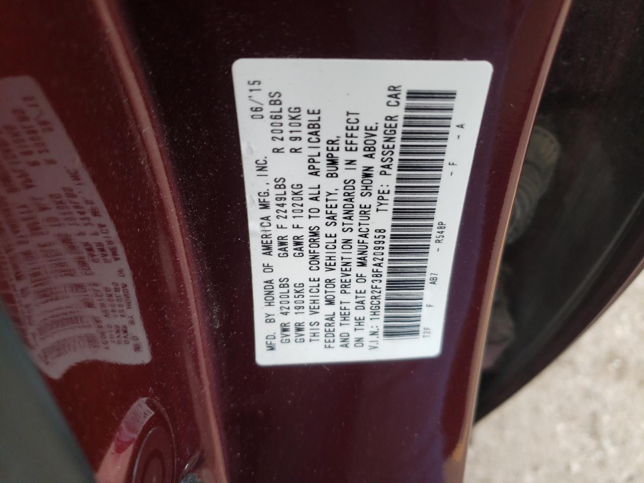 2015 Honda Accord VIN 1HGCR2F38FA209958 Copart auction photo, front end / mechanical damage thumbnail 13