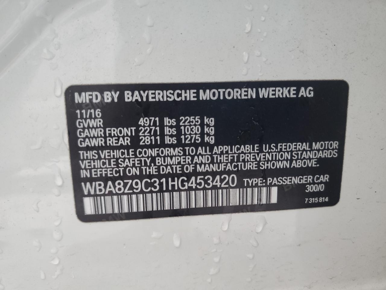 2017 BMW 3er VIN WBA8Z9C31HG453420 Copart auction photo, rear end damage thumbnail 13