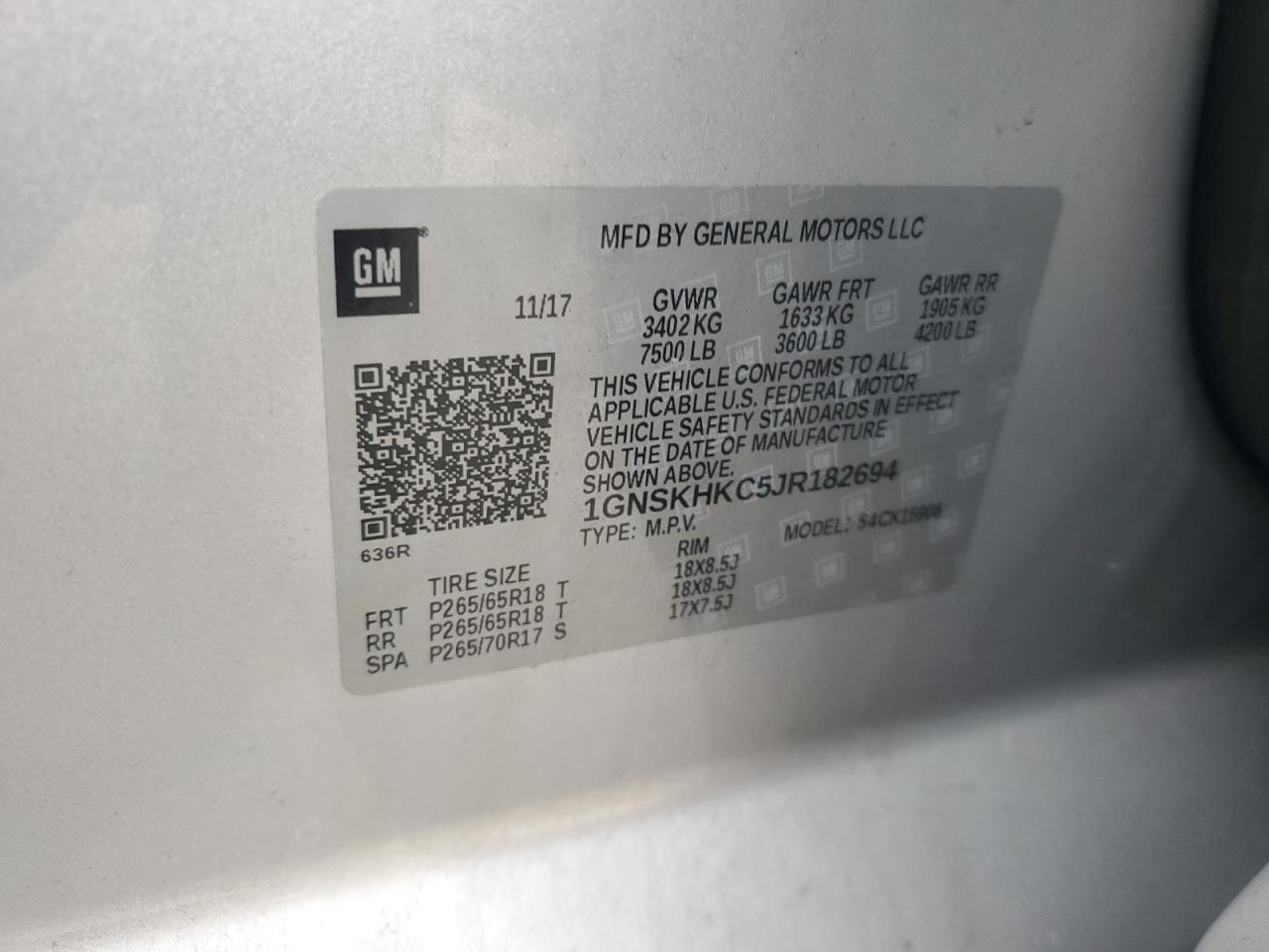 2018 Chevrolet Suburban VIN 1GNSKHKC5JR182694 Copart auction photo, front end / minor dent/scratches damage thumbnail 13