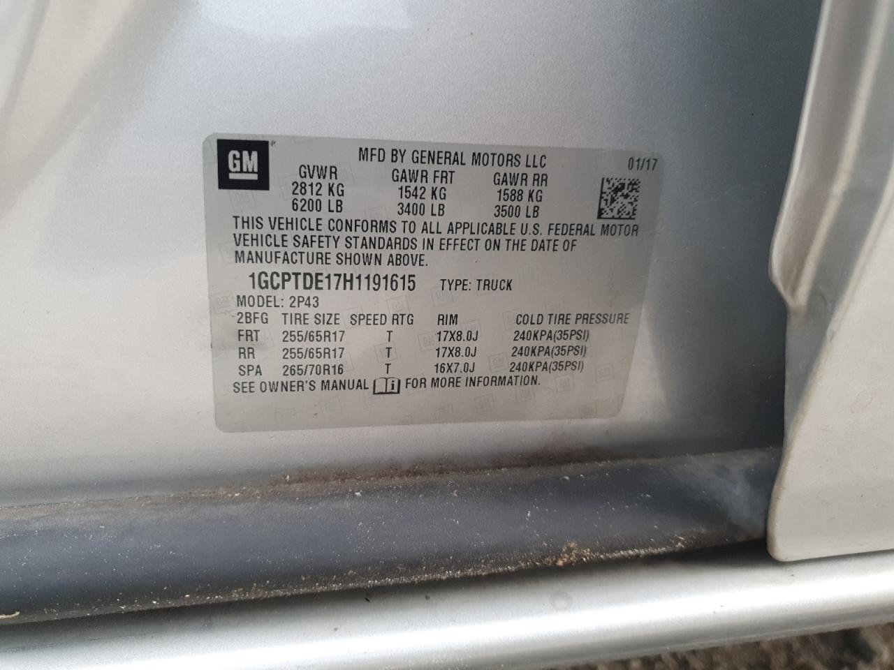 2017 Chevrolet Colorado VIN 1GCPTDE17H1191615 Copart auction photo, front end damage thumbnail 13