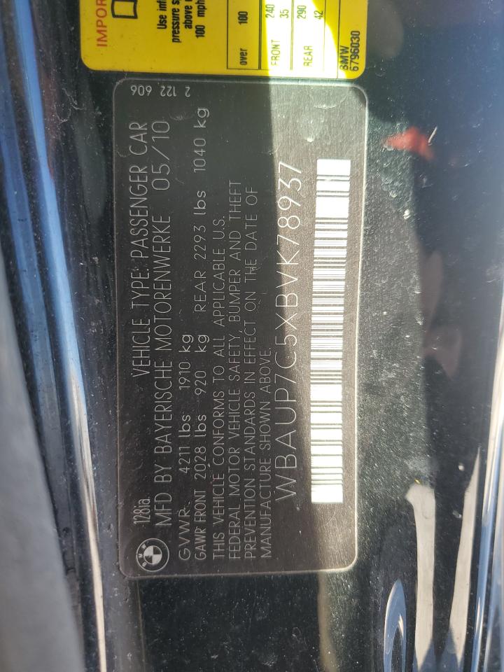2011 BMW 1er VIN WBAUP7C5XBVK78937 Copart auction photo, front end / side damage thumbnail 15
