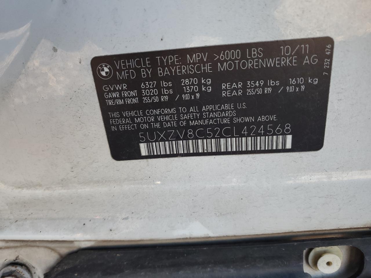 2012 BMW X5 VIN 5UXZV8C52CL424568 Copart auction photo, minor dent/scratches / side damage thumbnail 13