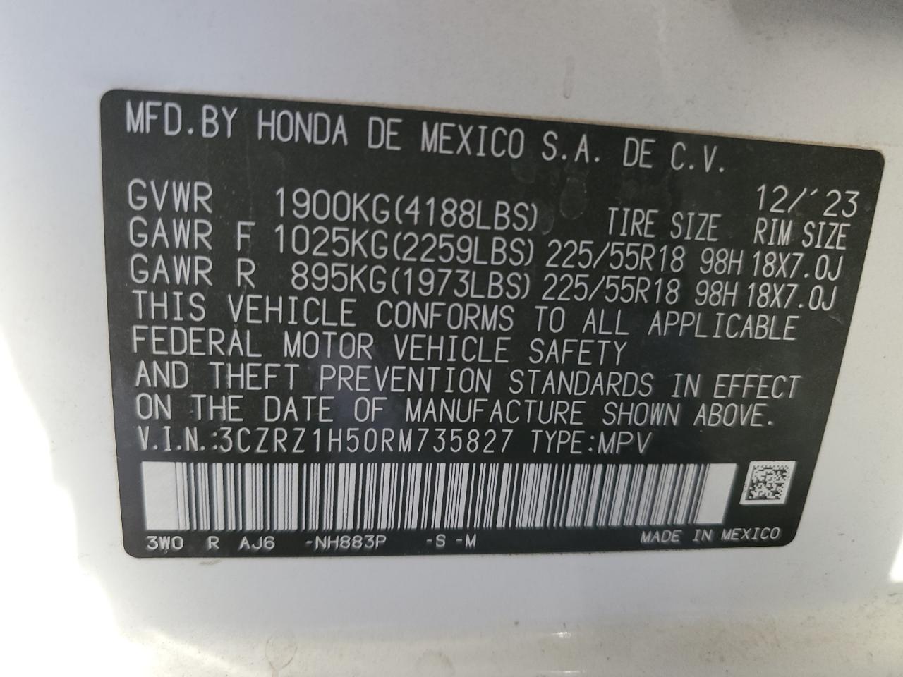 2024 Honda HR-V VIN 3CZRZ1H50RM735827 Copart auction photo, front end damage thumbnail 13