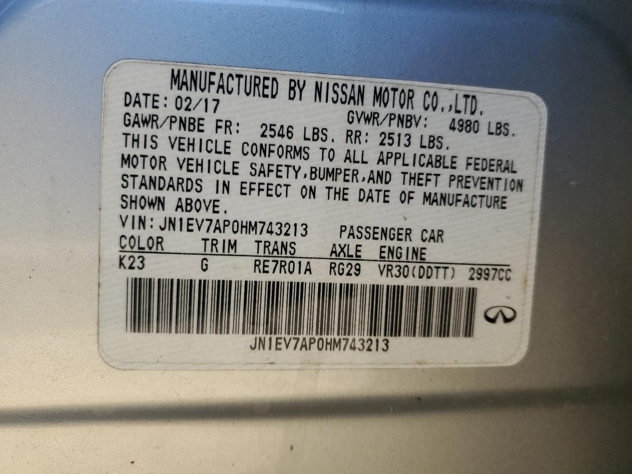 2017 Infiniti Q50 VIN JN1EV7AP0HM743213 Copart auction photo, front end / side damage thumbnail 13
